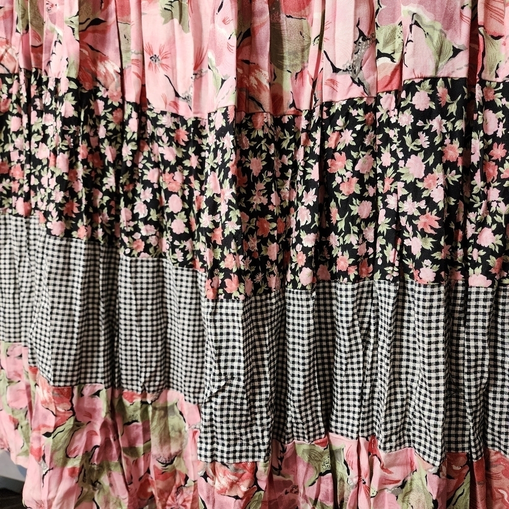 Vintage Kathie Lee Collection Pink Floral Boho Checkered Maxi Skirt M L - Picture 7 of 7